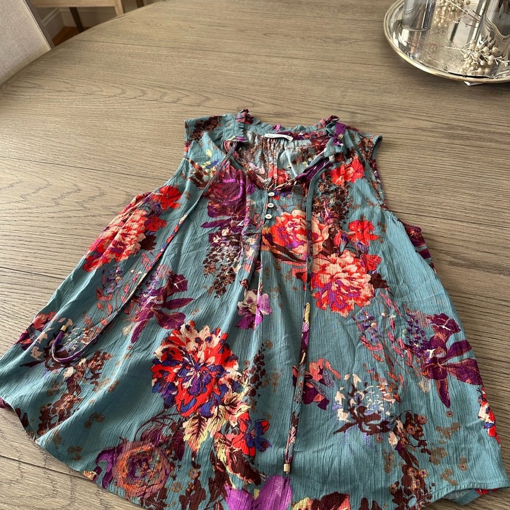 Pink Clover Floral Blouse Teal Multicolor Sleeveless Flowy Tank L